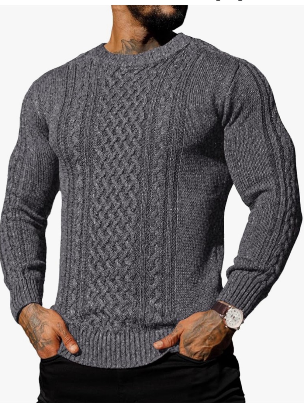 Men's Crewneck Cable Knit Sweater in Charcoal Gray 340 comfort work stretch